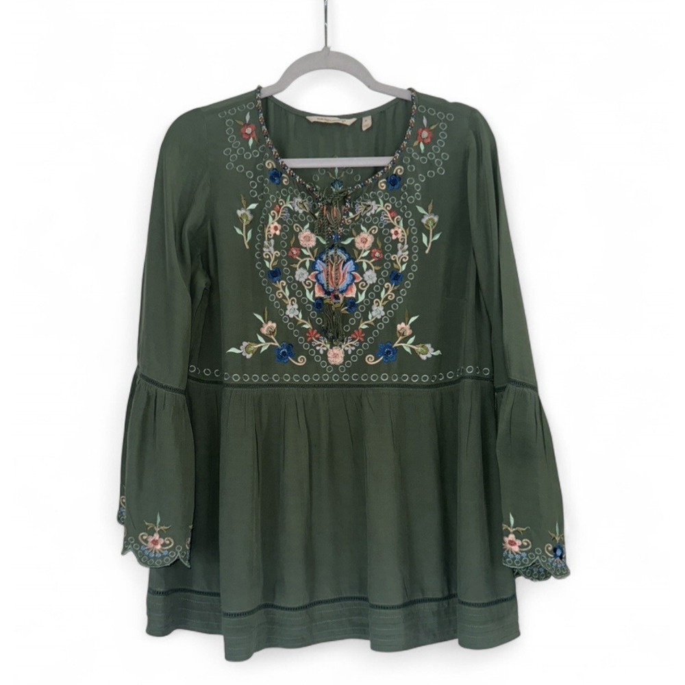 Soft Surroundings Green Embroidered Floral Tunic Bell Sleeve Blouse M Women Boho